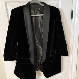 Black Velvet and Satin Trim Open Front Blazer Three Quarter Ruched Sleeve Size L